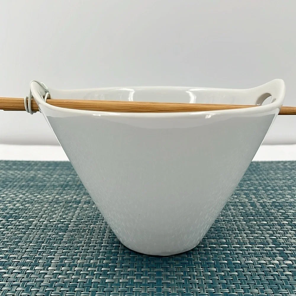 New Crate & Barrel White Porcelain Kai Noodle Bowl & Bamboo Chopsticks Set 6.5